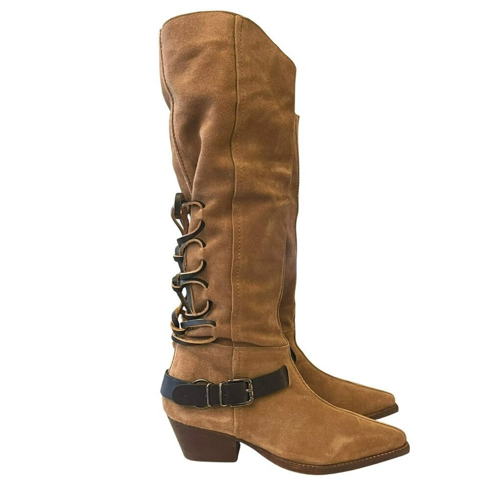 Free People $198 Back Lace Sway Military Taupe Suede Knee High Sz 8.5 - Picture 6 of 12